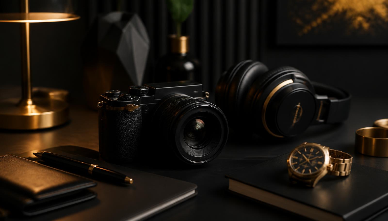 Bureau sombre premium avec appareil photo et accessoires dorés